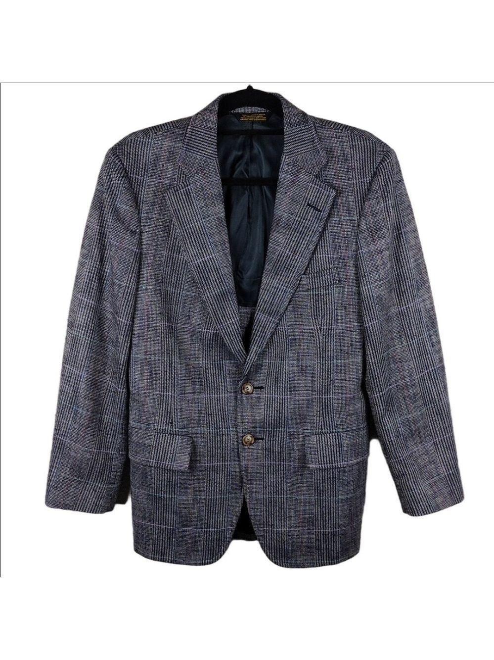 Hunter Haig Blue Grey Plaid One Notched Collar Long Sleeve Button Front Blazer
